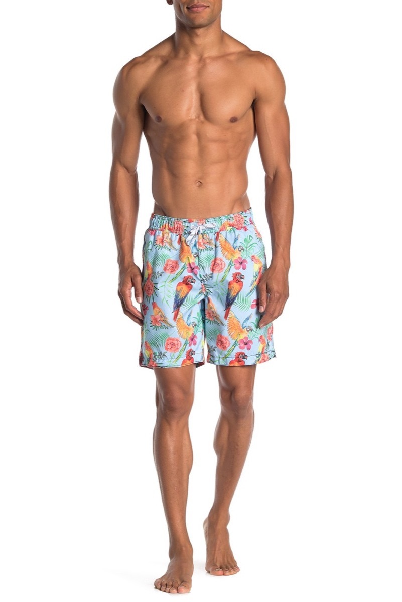 bird-print swim trunks, cheap swimsuits