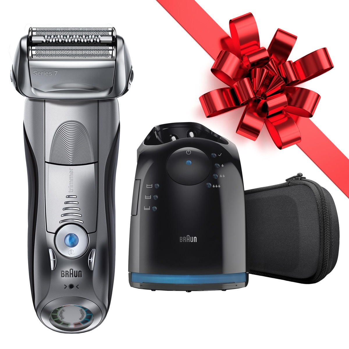 electric beard trimmer in silver with black charging base and red bow