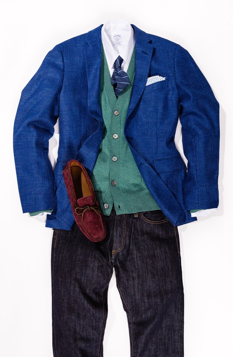 brooks brothers cardigan blazer oxford shirt and blue jeans