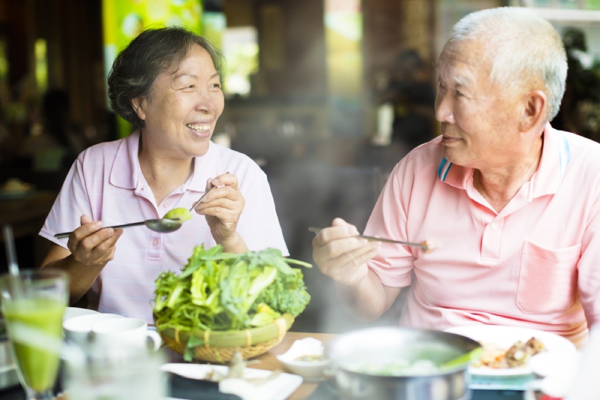 older man and woman eating, long marriage tips