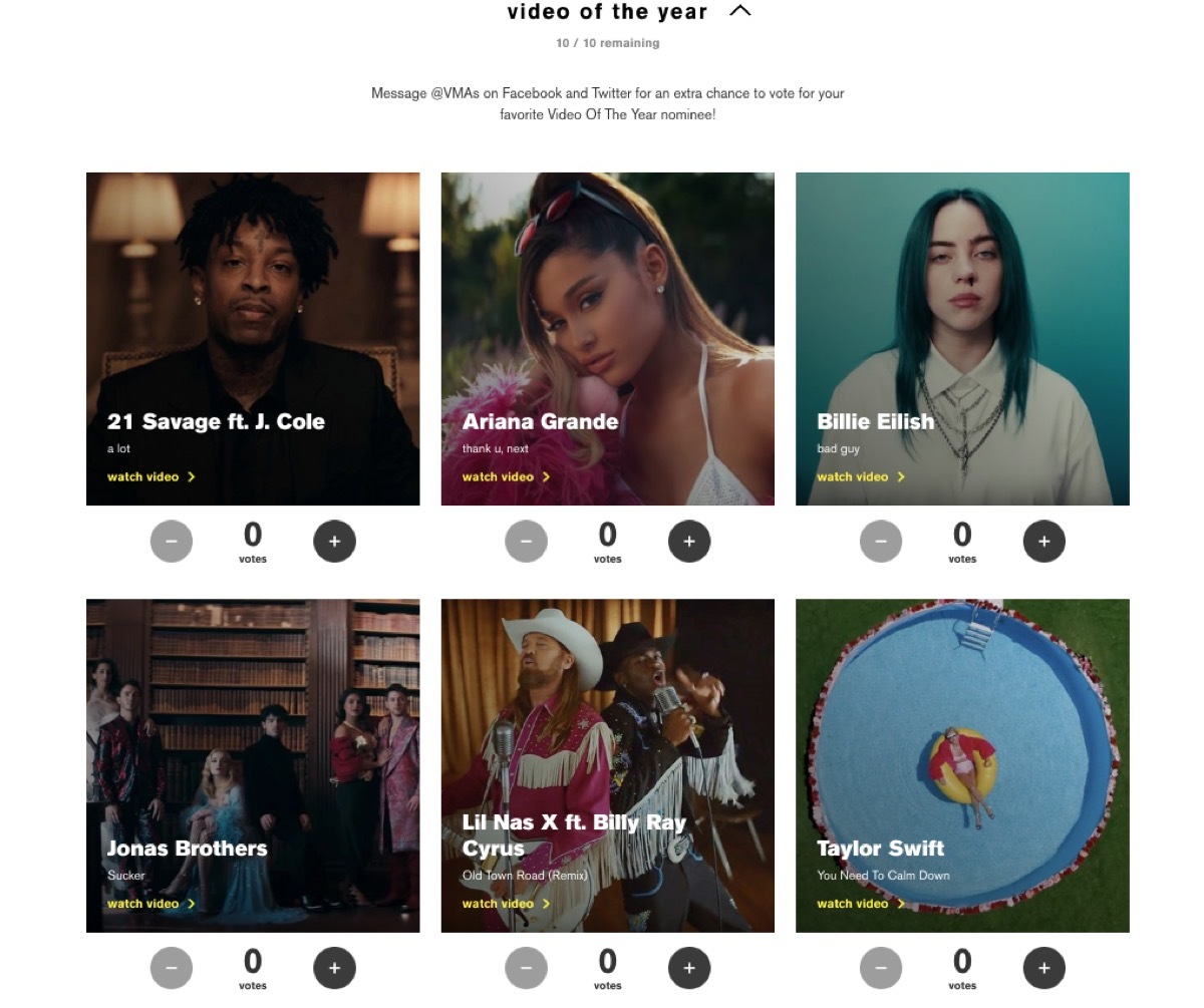 Screenshot of voting website for MTV VMAs 2019 for Video of the Year