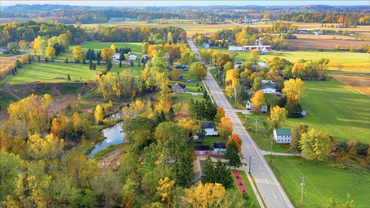 Scenic Small Town Nestled in Autumn Valley, Beautiful Rural Wisconsin Fall colors.