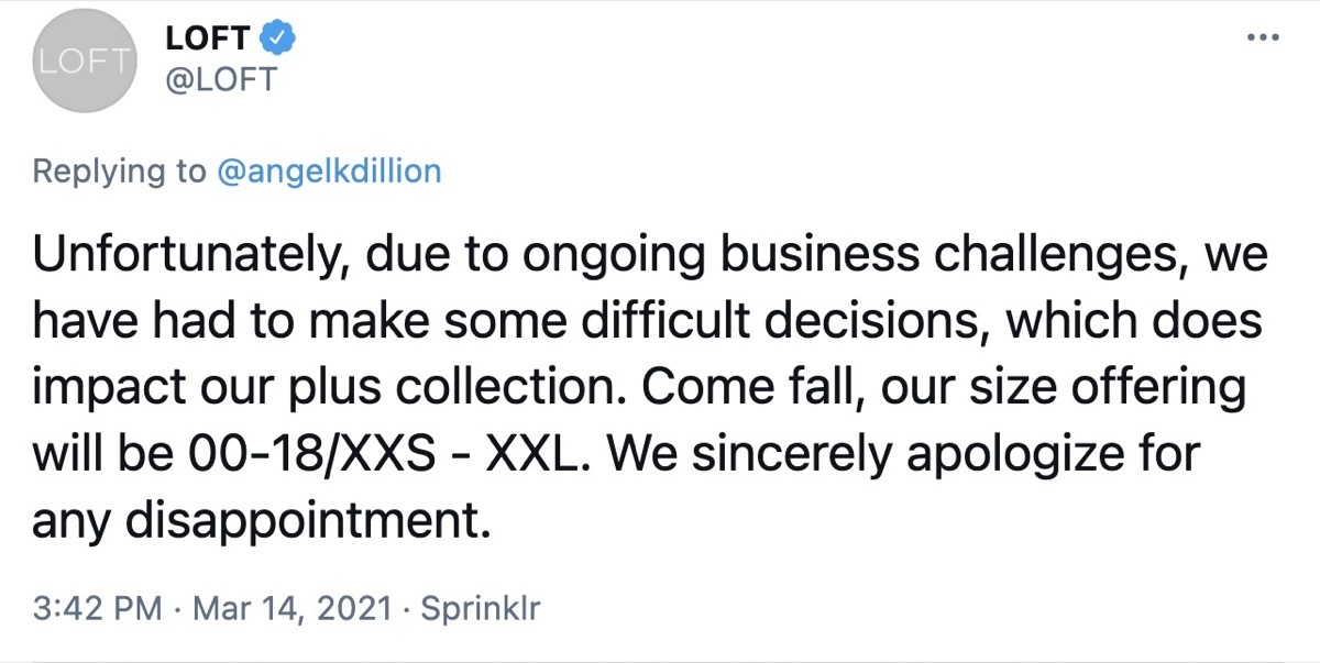 loft confirming it's shuttering plus size line in tweet on white background