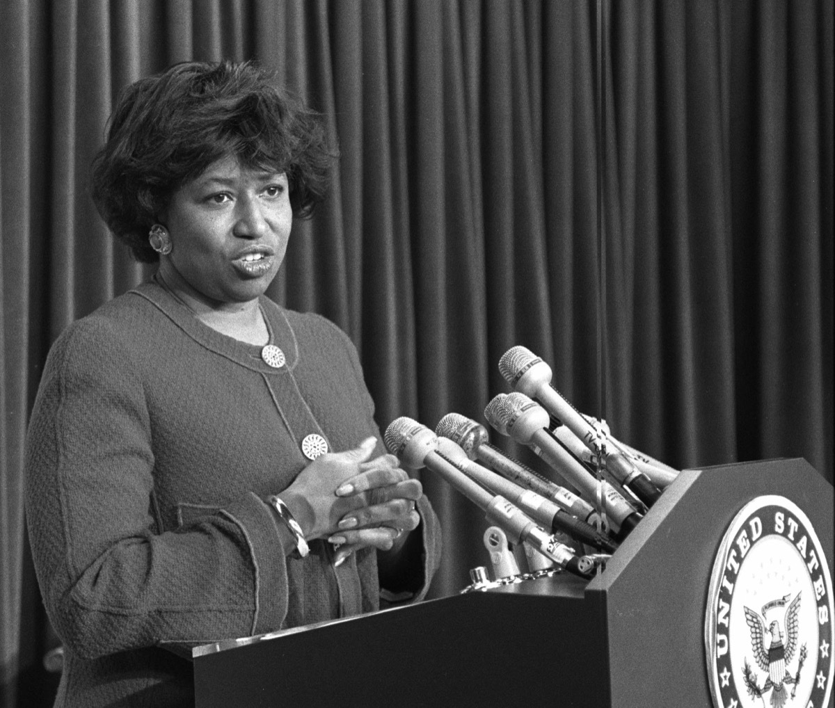 Sen Carol Moseley Braun D Ill during a news conference, women's achievements