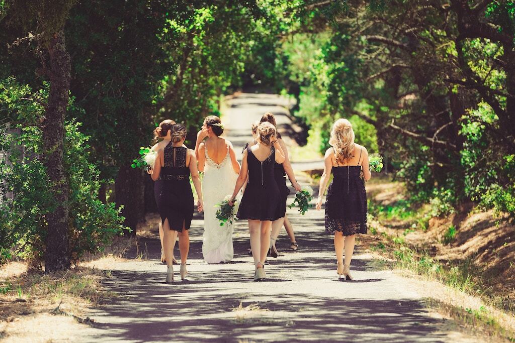 bride and bridal party walking to get photos taken