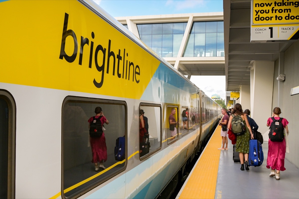 Passengers waiting to board a fast express train operated by Brightline between Miami and Orlando.