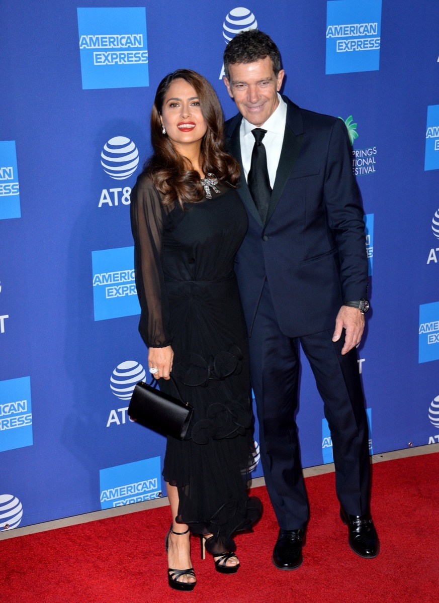 salma hayek and antonio banderas on a red carpet 