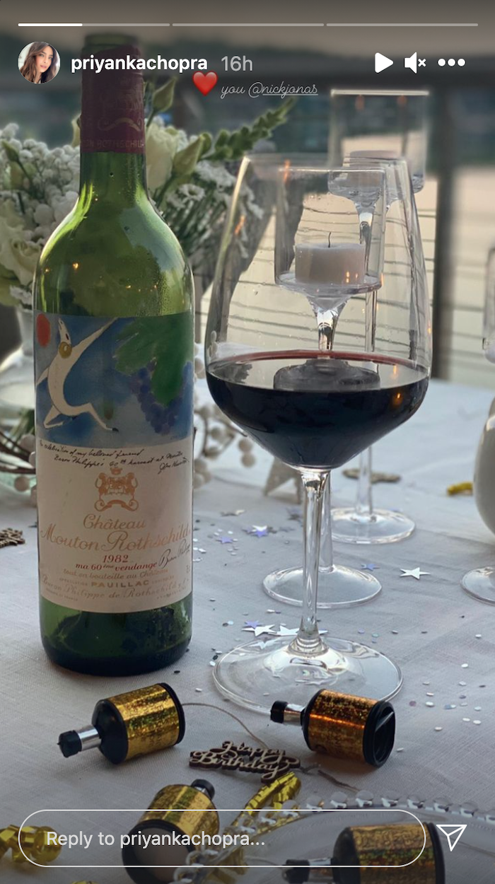 A photo of a bottle of wine posted to Priyanka Chopra's Instagram Story