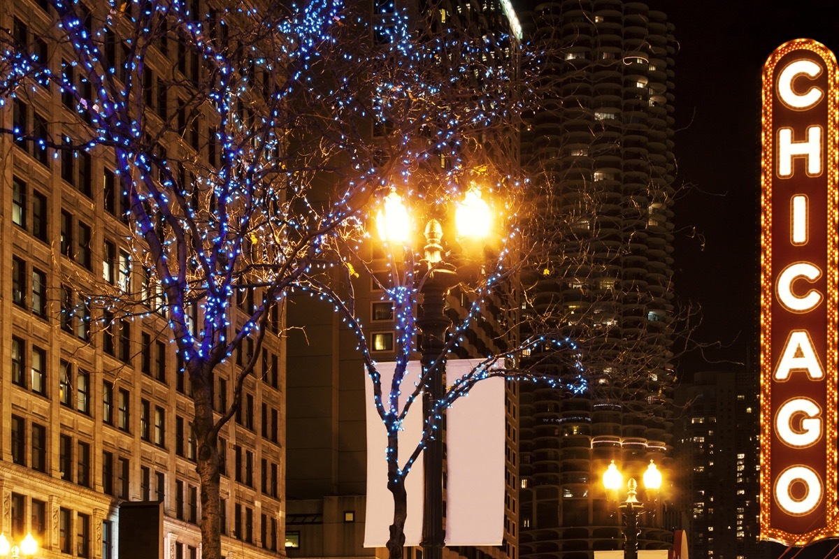 Photo of Chicago's Illuminated sign, at night. Buildings and trees with christmas ornaments.