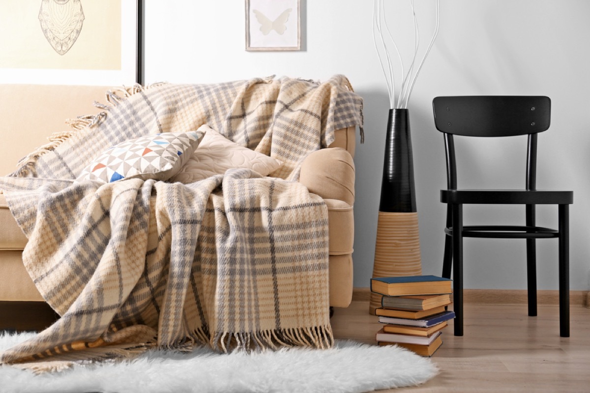 plaid blanket on couch, vintage home upgrades