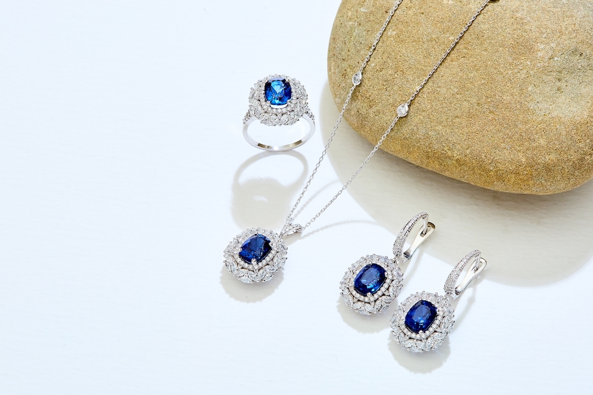 Sapphire diamond jewelery on a natural background.