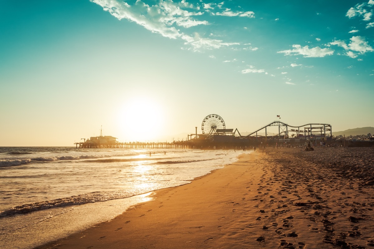 Sunset in Santa Monica, view on the amusement park