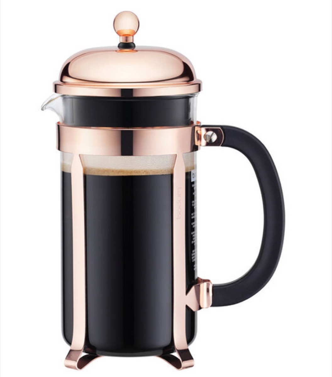 french press with rose gold lid