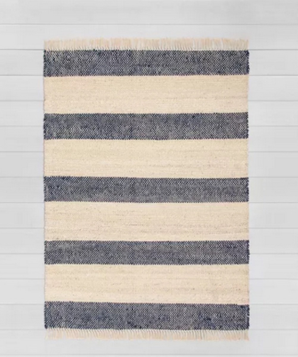 blue and white striped rug