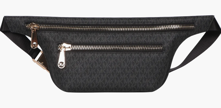 A black Michael Kors faux leather belt bag against a white background