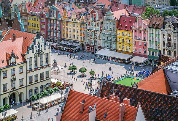 aerial view of a square and colorful buildings in wroclaw, poland