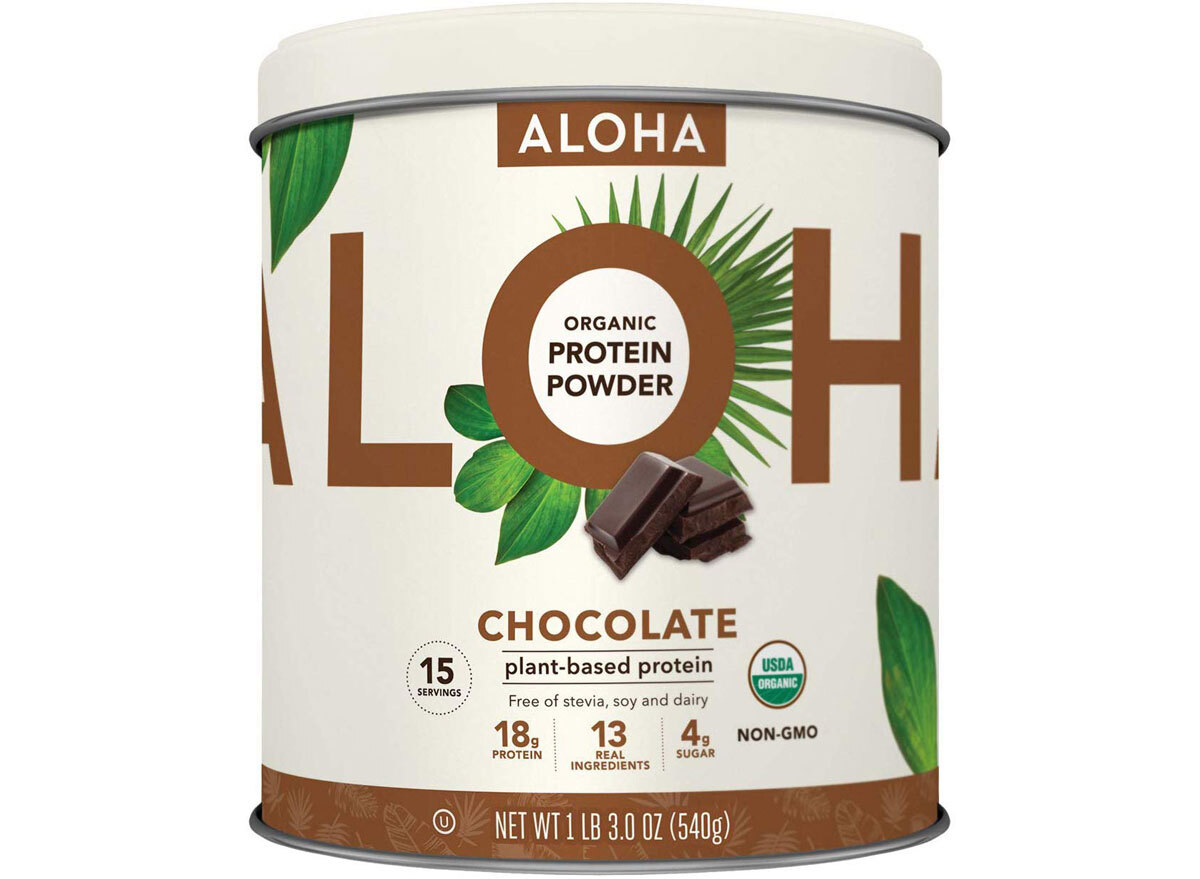 ALOHA chocolate plant based protein powder container