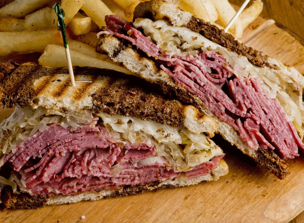 Reuben sandwich with layers of corned beef deli meat