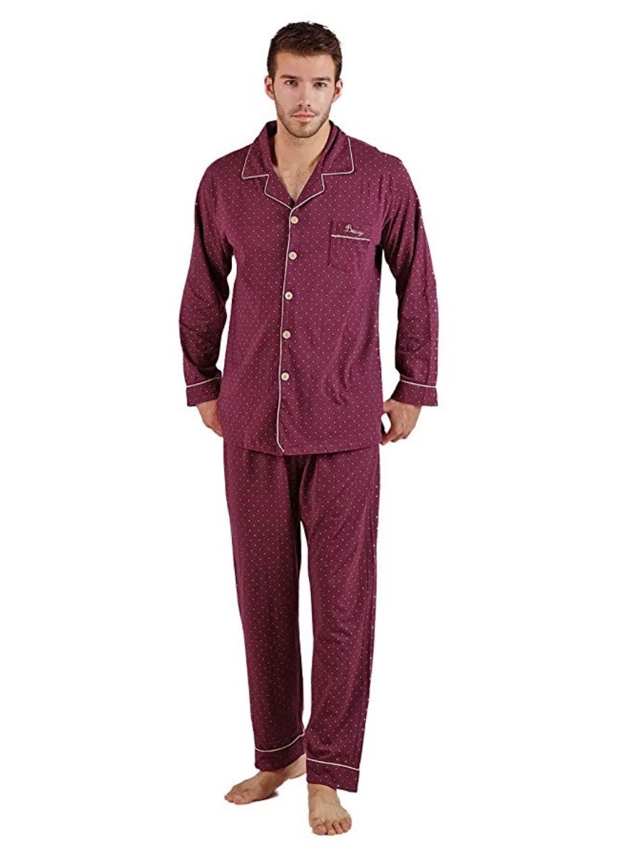 man in purple pajamas with lapel