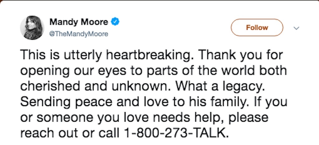 mandy moore reacts to anthony bourdain death