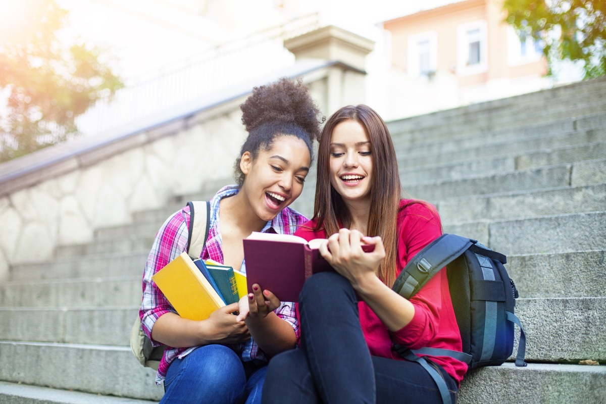 student, book, happy, stairs, outdoor