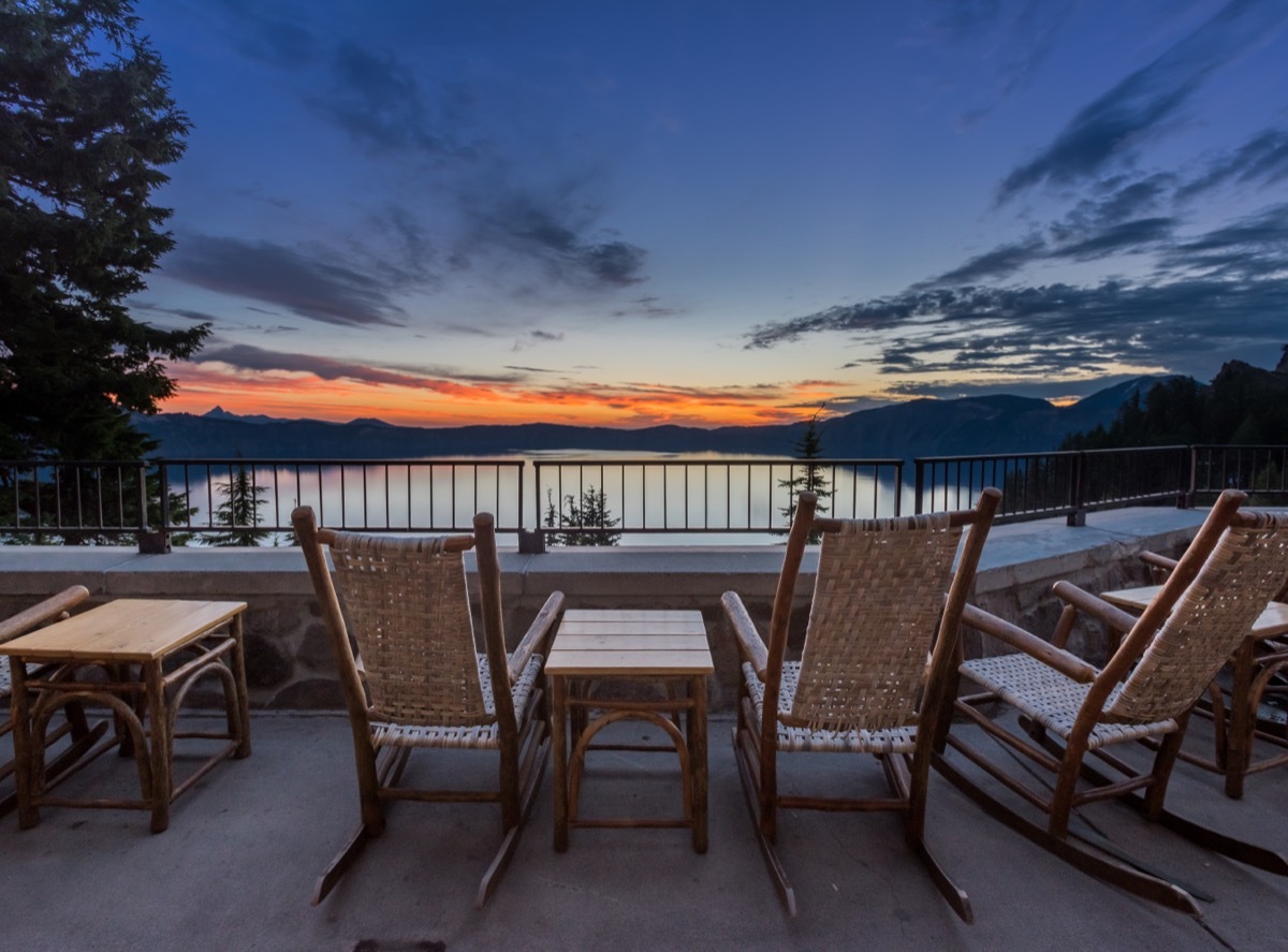 rocking chairs overlooking crater lake