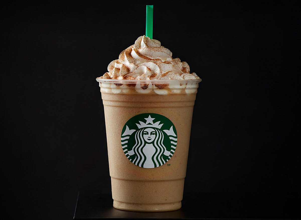 starbucks cinnamon roll frappuccino on black background