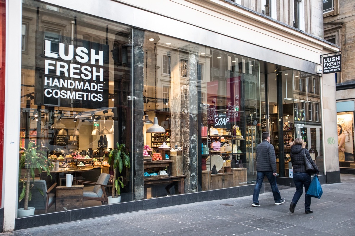 Glasgow / Great Britain - February 23, 2019: Exterior entrance to Lush handmade cosmetics store showing logo and branding