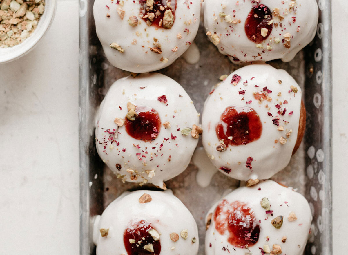 rose jam sufganiyot with vanilla glaze