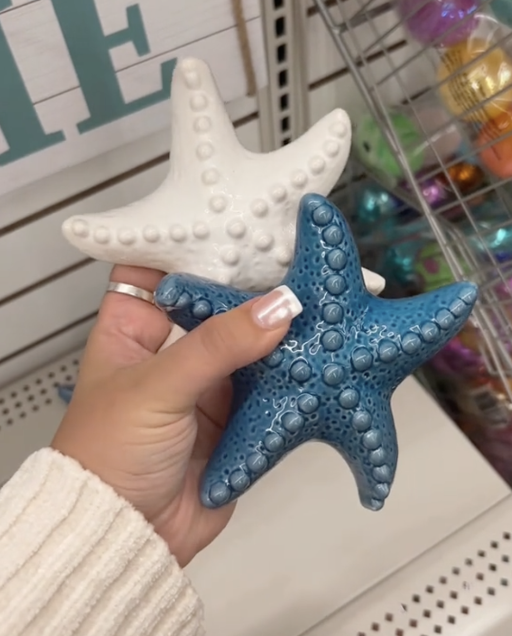 Decorative white and blue starfish at Dollar Tree