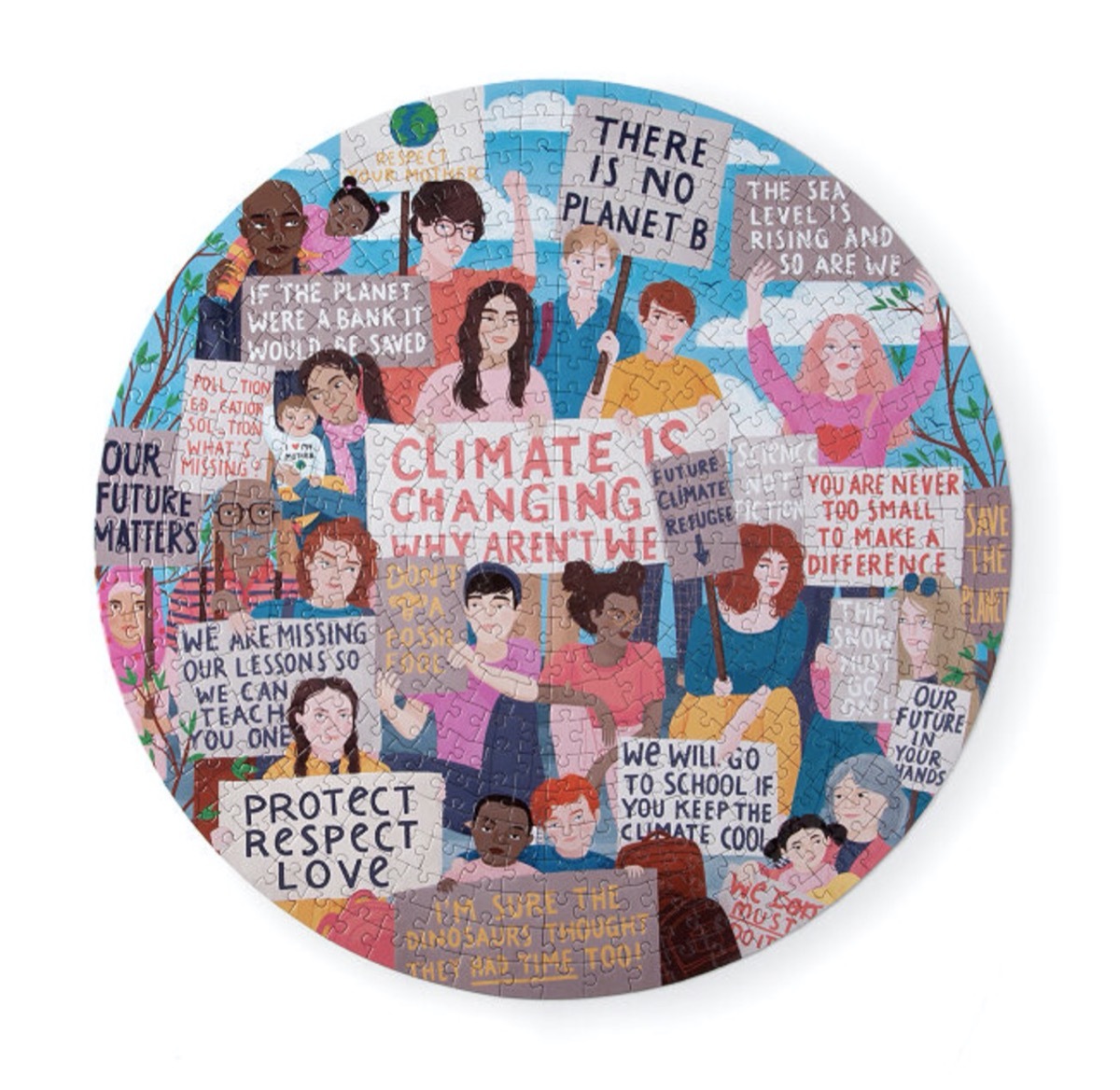 climate action puzzle with images of people holding up protest signs