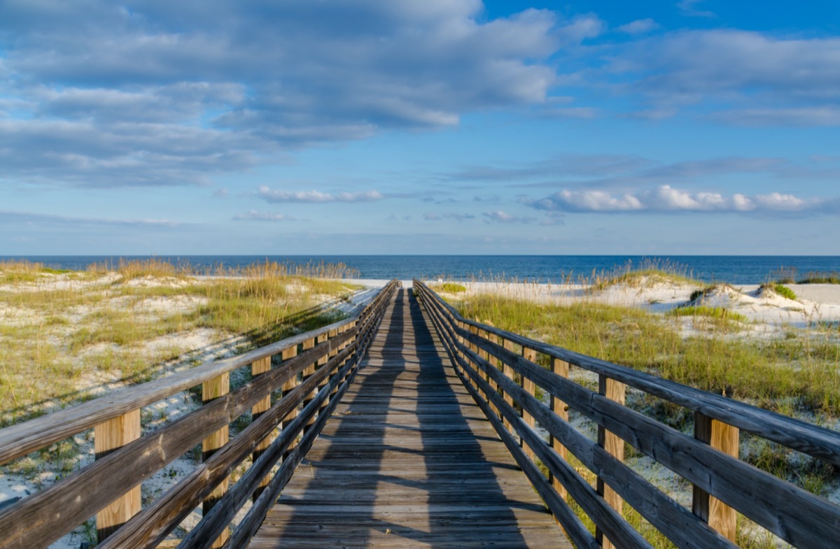 a wooden walkway to the Gulf of Mexico on the Alabama Gulf Coast