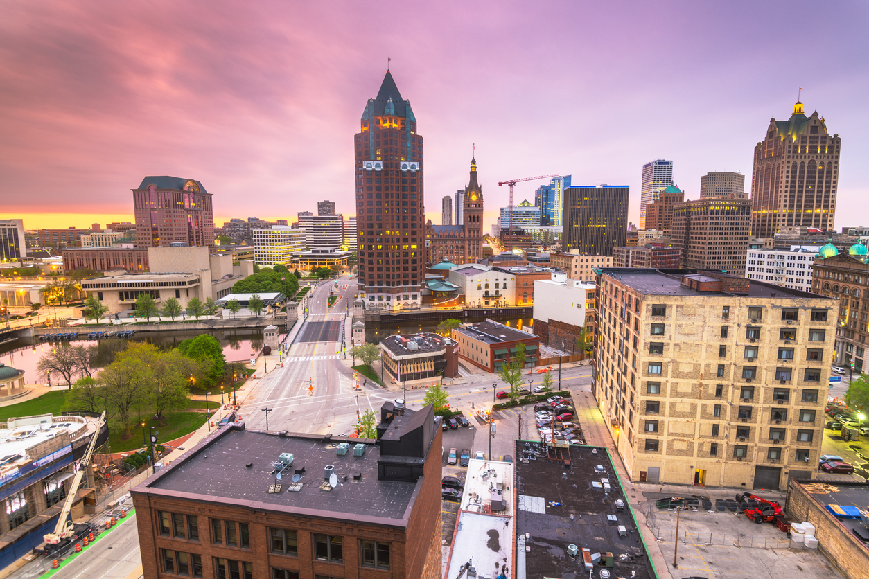 The skyline of Milwaukee, Wisconsin at sunset