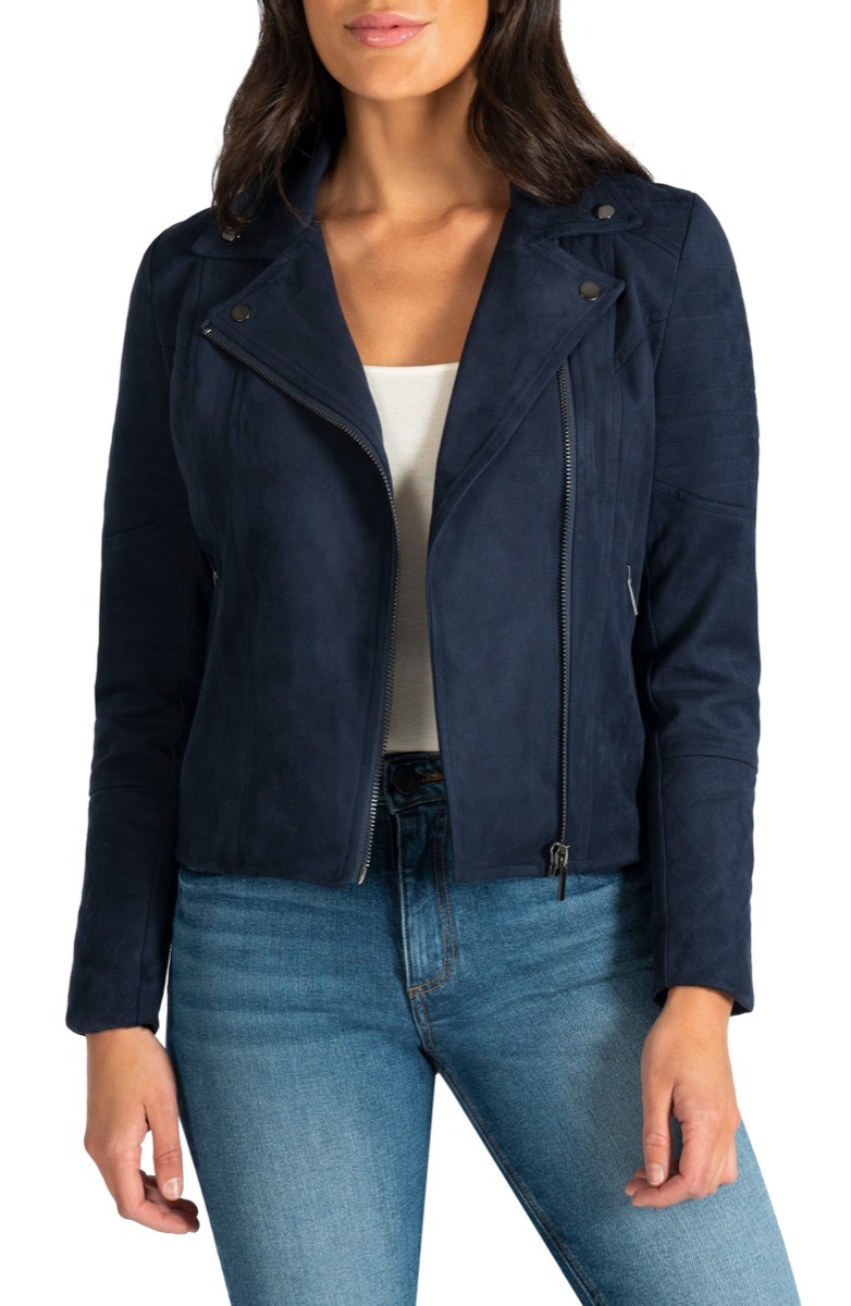 blue suede moto jacket