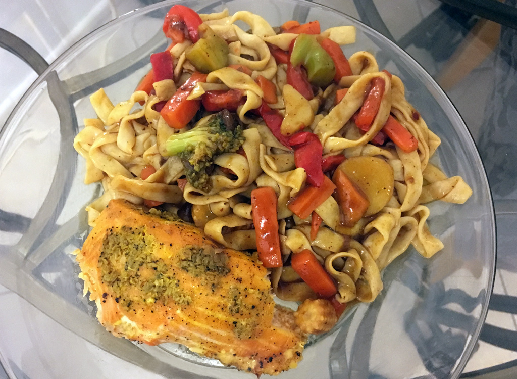 Salmon tofu noodles veggies