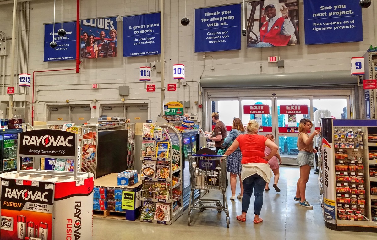 Lowe's home improvement store check out cash register counter customers, Peabody, Massachusetts USA, May 5, 2018