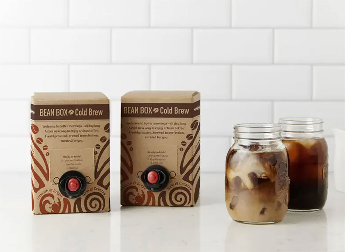 boxes of bean box cold brew with mason jars of coffee