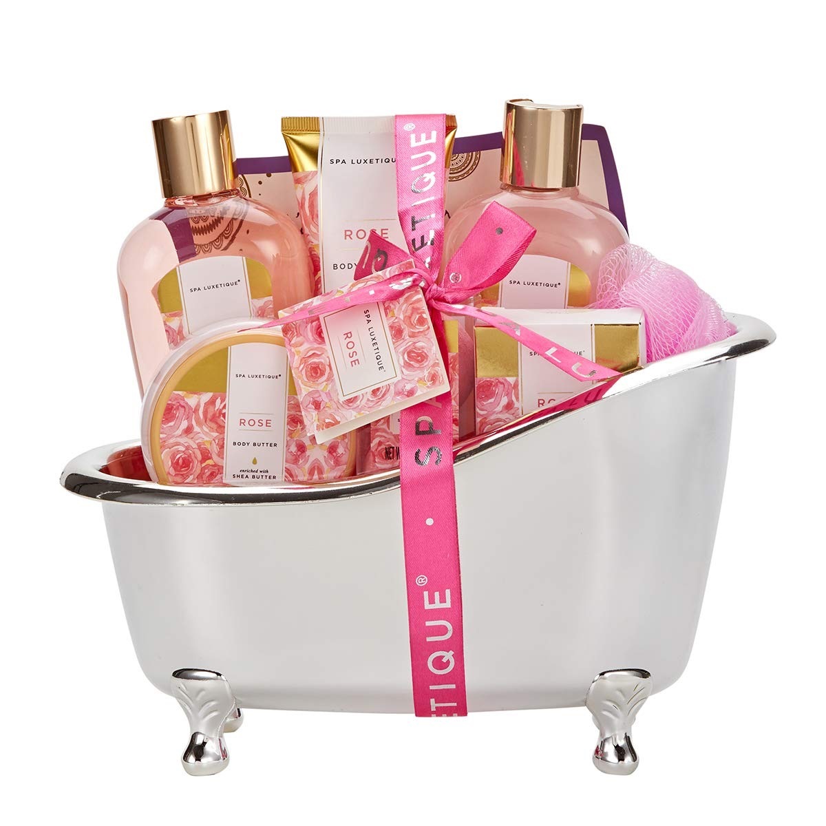 tiny bath tub full of rose bath products