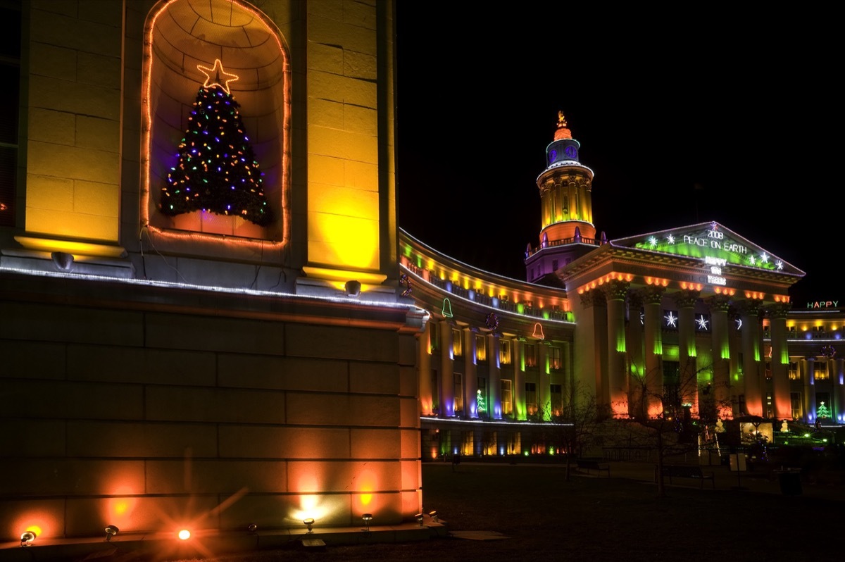 Denver City and Country Building with Holiday Lights Glowing. ProPhoto RGB.