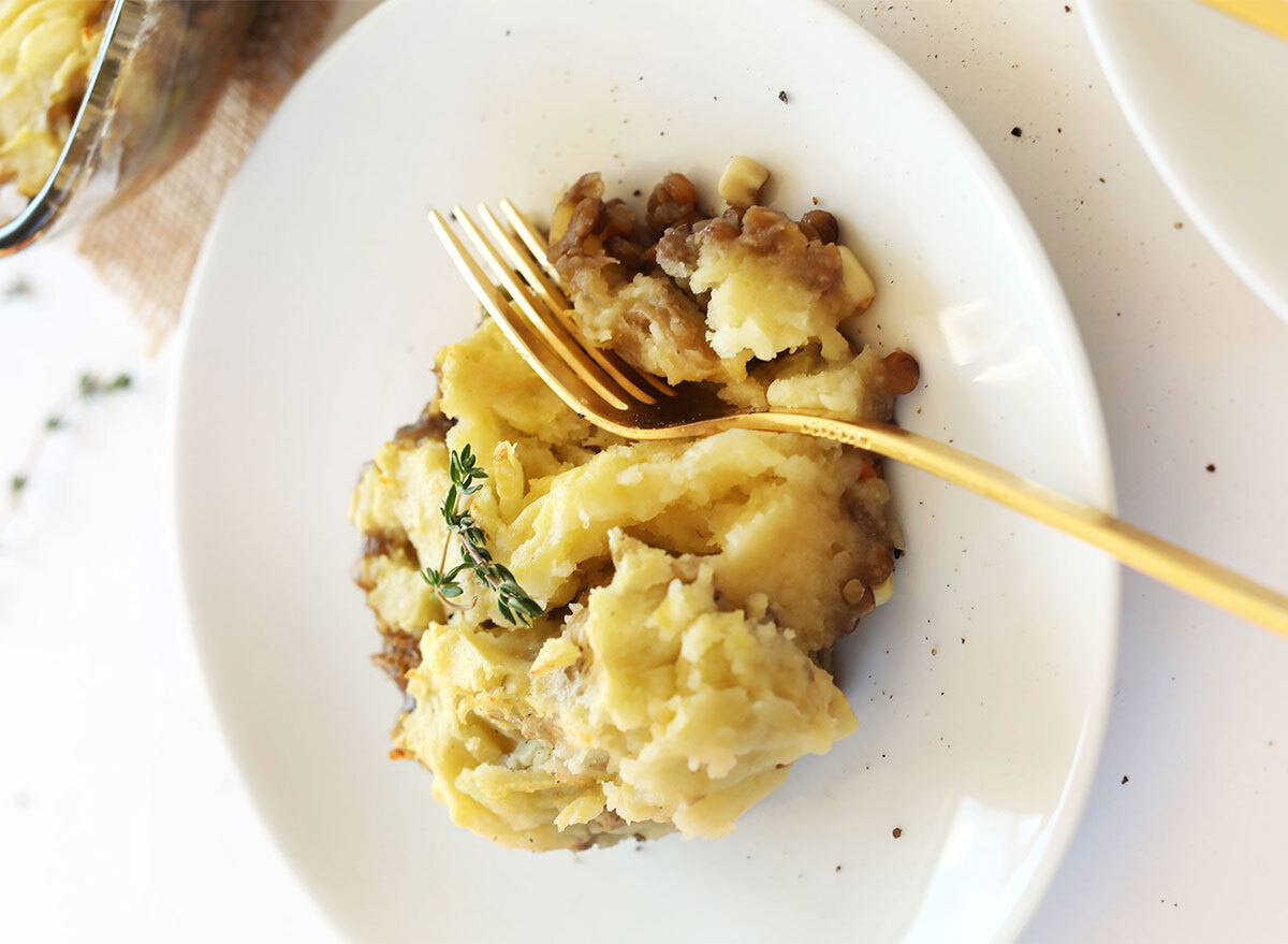 plate of vegan shepherds pie with potatoes