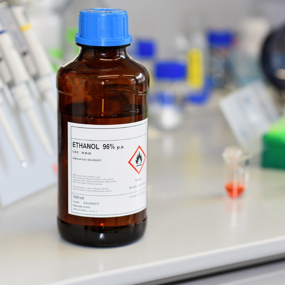 bottle of ethanol alcohol in a lab