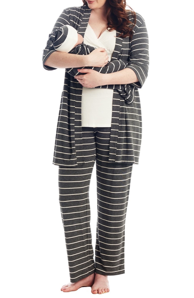 woman in black and white pajamas holding baby, gifts for pregnant people