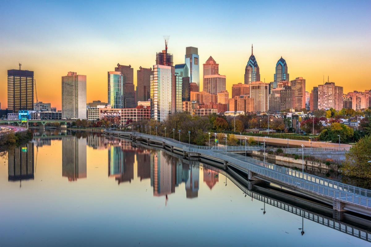 city skyline and the Schuylkill River in Philadelphia, Pennsylvania at dusk