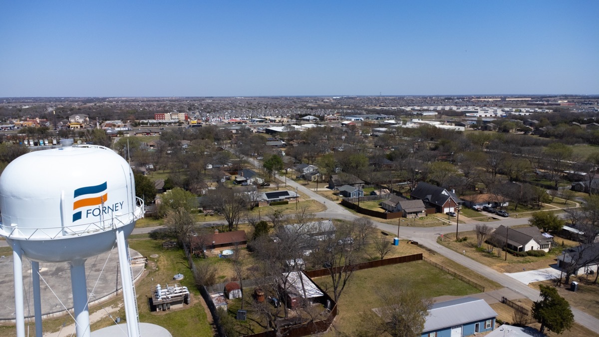 Forney, water tower. Aerial photograph, City in Texas. United States cities and towns.