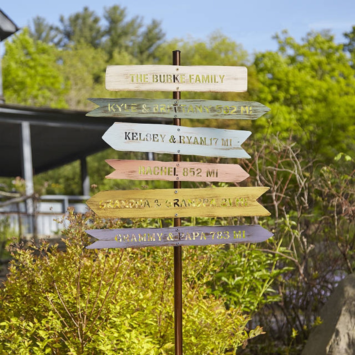 handpainted signpost set in yard