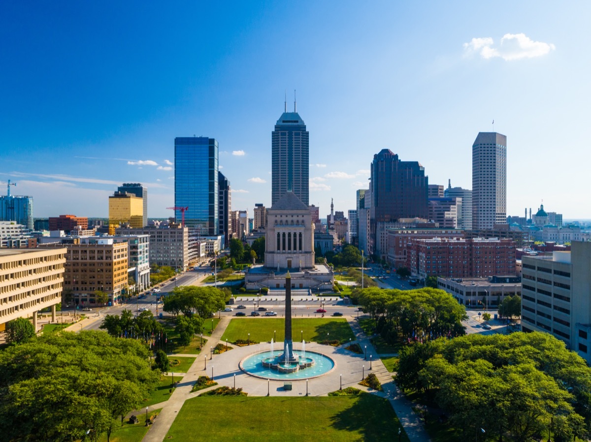 Downtown Indianapolis skyline with the Depew Memorial Fountain, Obelisk, park, and the Indiana World War Memorial in the foreground.