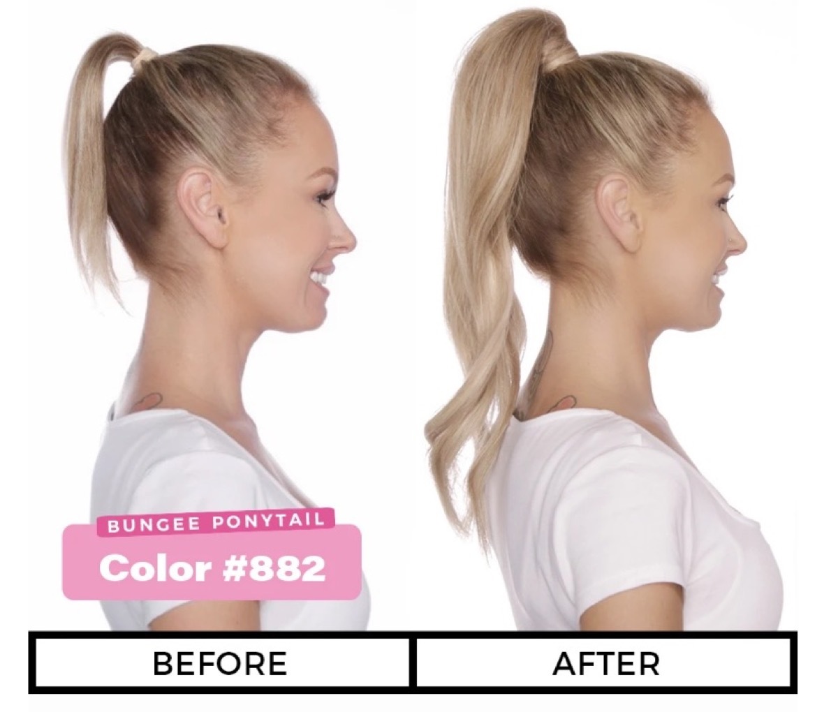 blonde woman wearing fake ponytail