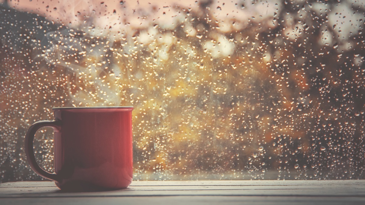 red mug in front of window with rain on it