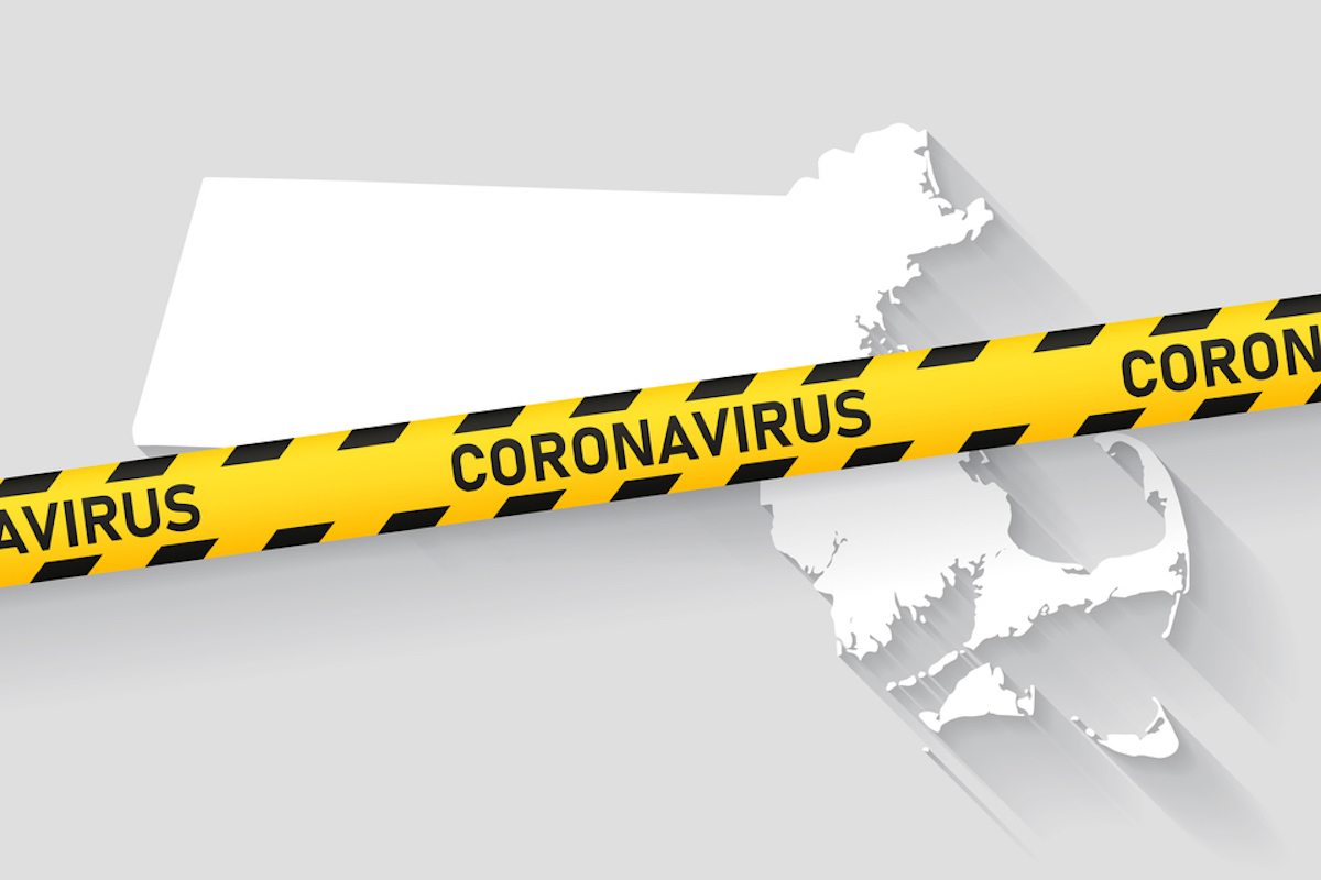 Map of Massachusetts with a coronavirus warning tape