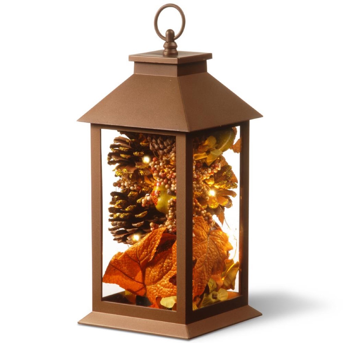 lantern with pinecones and leaves